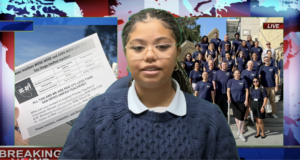 A student journalist hosting a news broadcast with pictures of the Preuss teachers behind her.